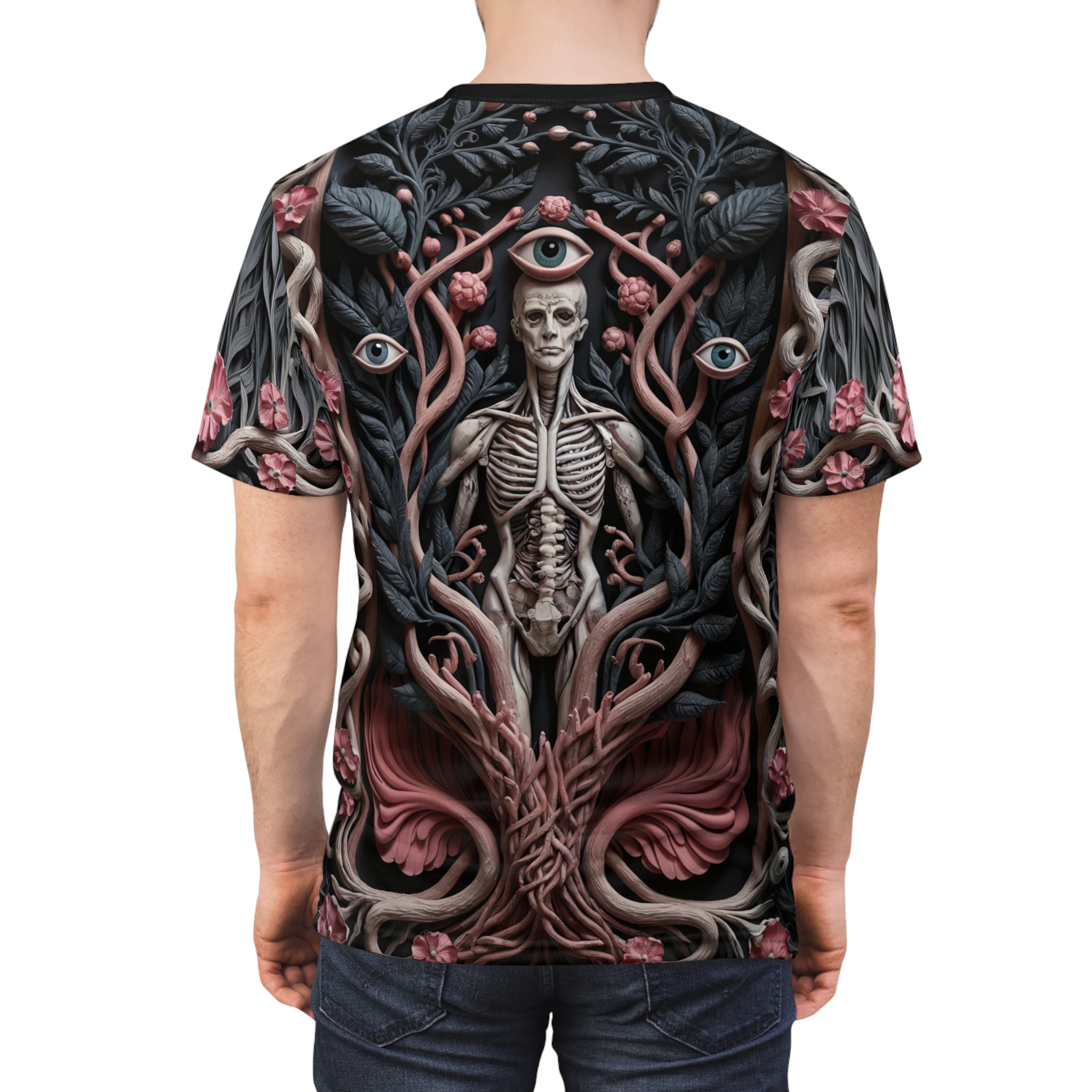 Black, pink, and grey branches, leaves, flowers, and eyes cover this all over print apparel, featuring a central anatomical skeleton.