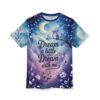 Deep blues, purples, and glowing whites cover this sublimation graphic tee, depicting a whimsical night sky with a moon, stars, and an owl perched on a branch.