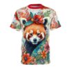 Red, orange, and teal floral patterns cover this oversized full print tee, depicting a red panda with a floral crown.