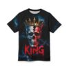 Dark blue and red smoky textures cover this oversized full print tee, depicting a split-color skull with a golden crown and dripping red