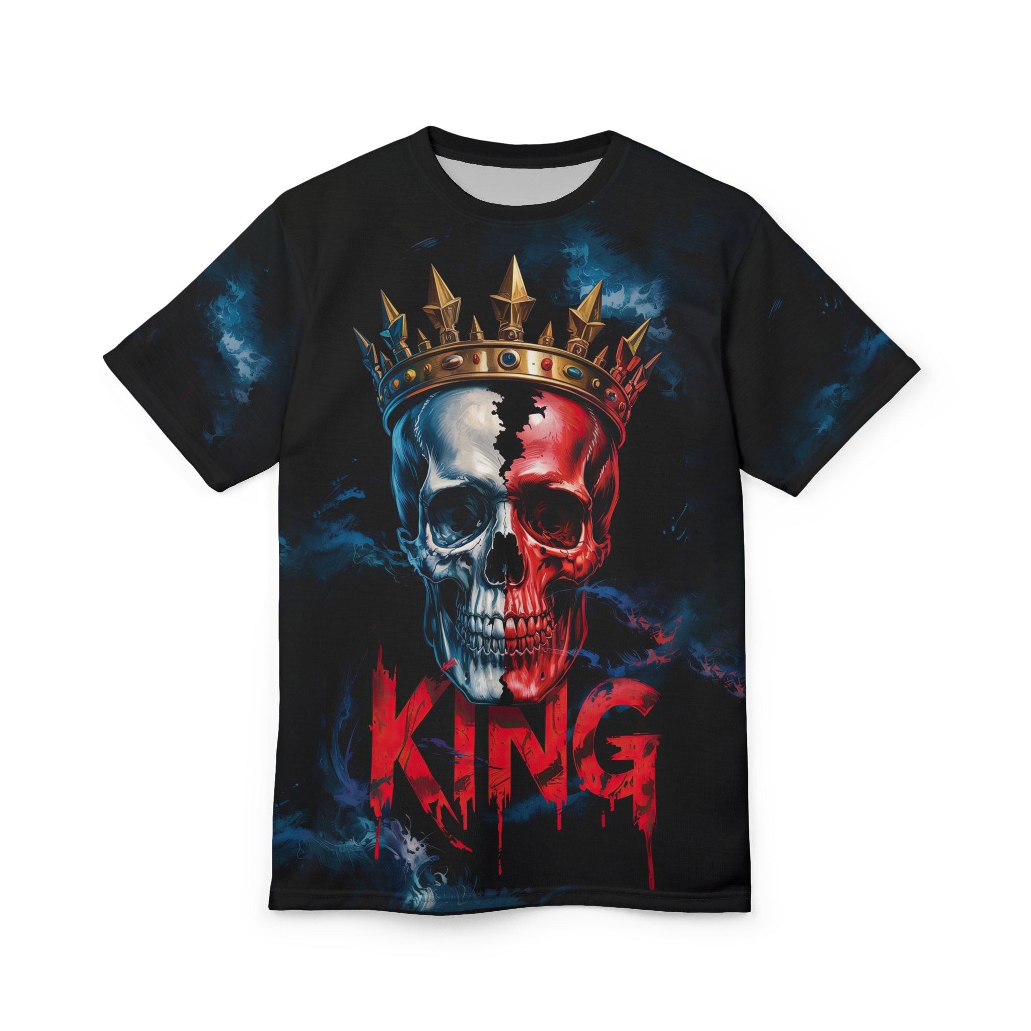 Dark blue and red smoky textures cover this oversized full print tee, depicting a split-color skull with a golden crown and dripping red "KING" text.