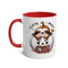 White ceramic mug with a red interior and handle, featuring a cute sloth in a jack-o'-lantern with 