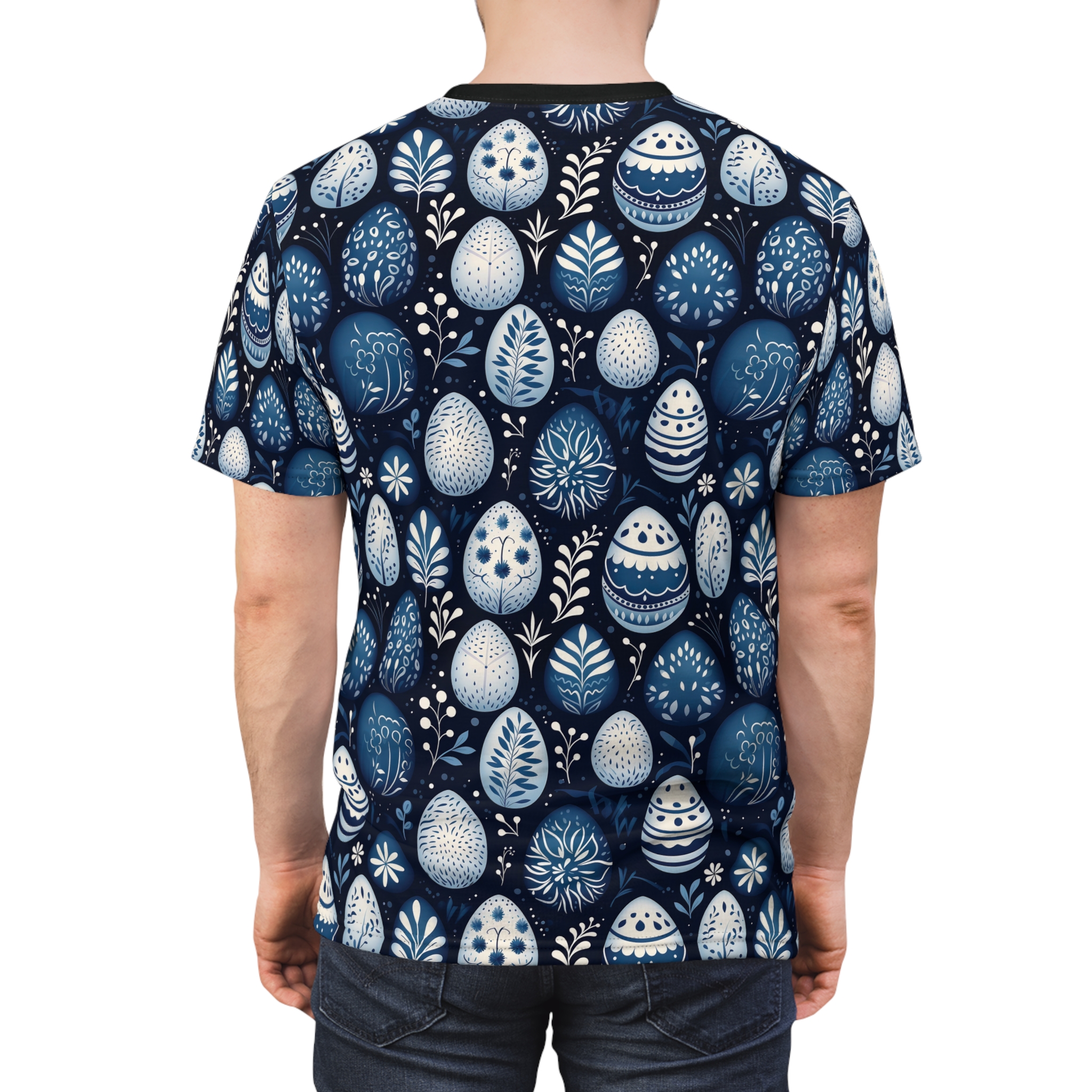 Vibrant Blue Floral Easter Egg AOP Tee, Unisex All Over Print T-Shirt, Easter T-Shirt V2 – eye-catching full print casual top