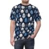 Blue and white Easter eggs with intricate patterns and floral accents cover this dark blue graphic streetwear tee.