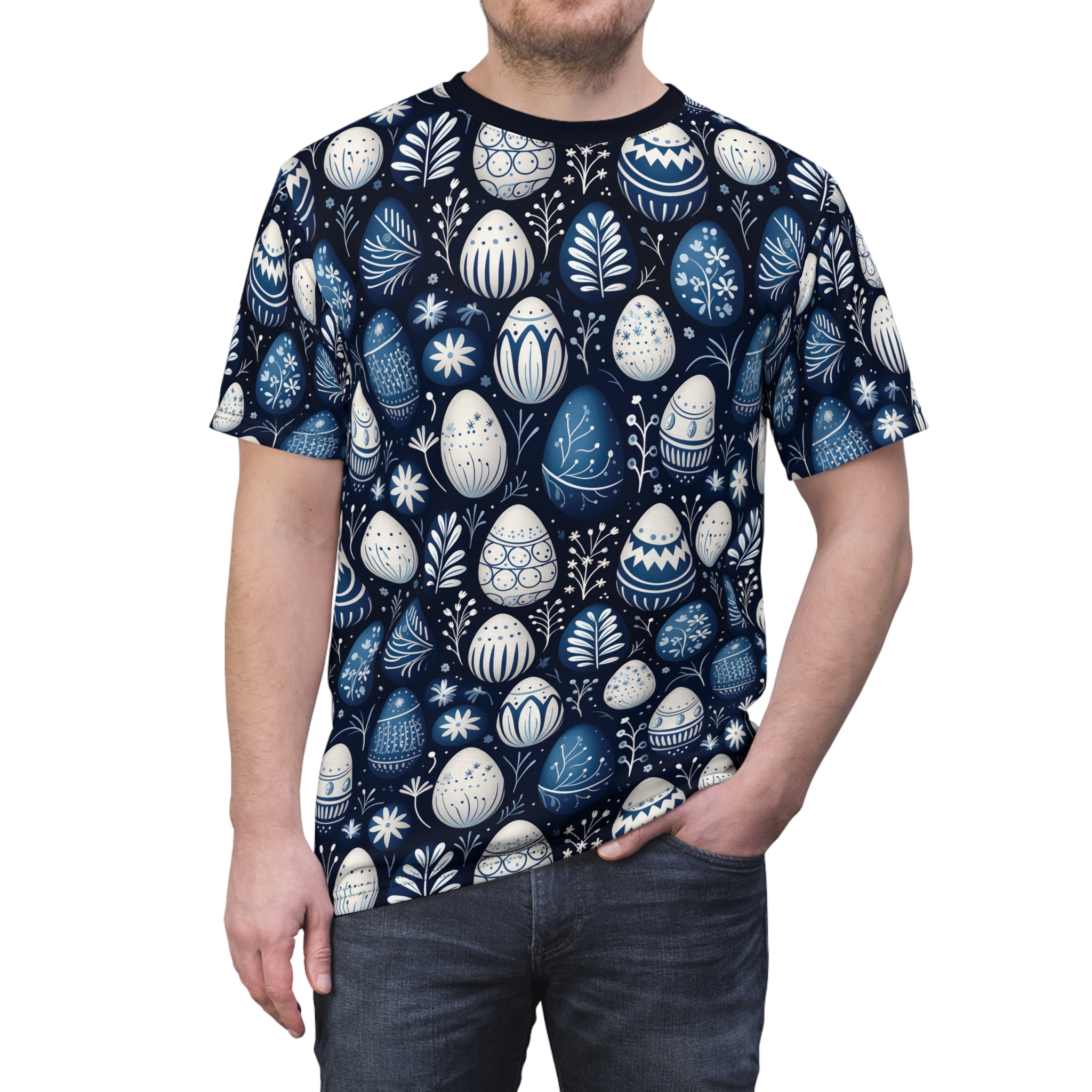 Blue and white Easter eggs with intricate patterns and floral accents cover this dark blue graphic streetwear tee.