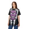 Black and white radial lines and a purple-faced demon in a suit cover this graphic streetwear tee, with a wide grin and devil horns.