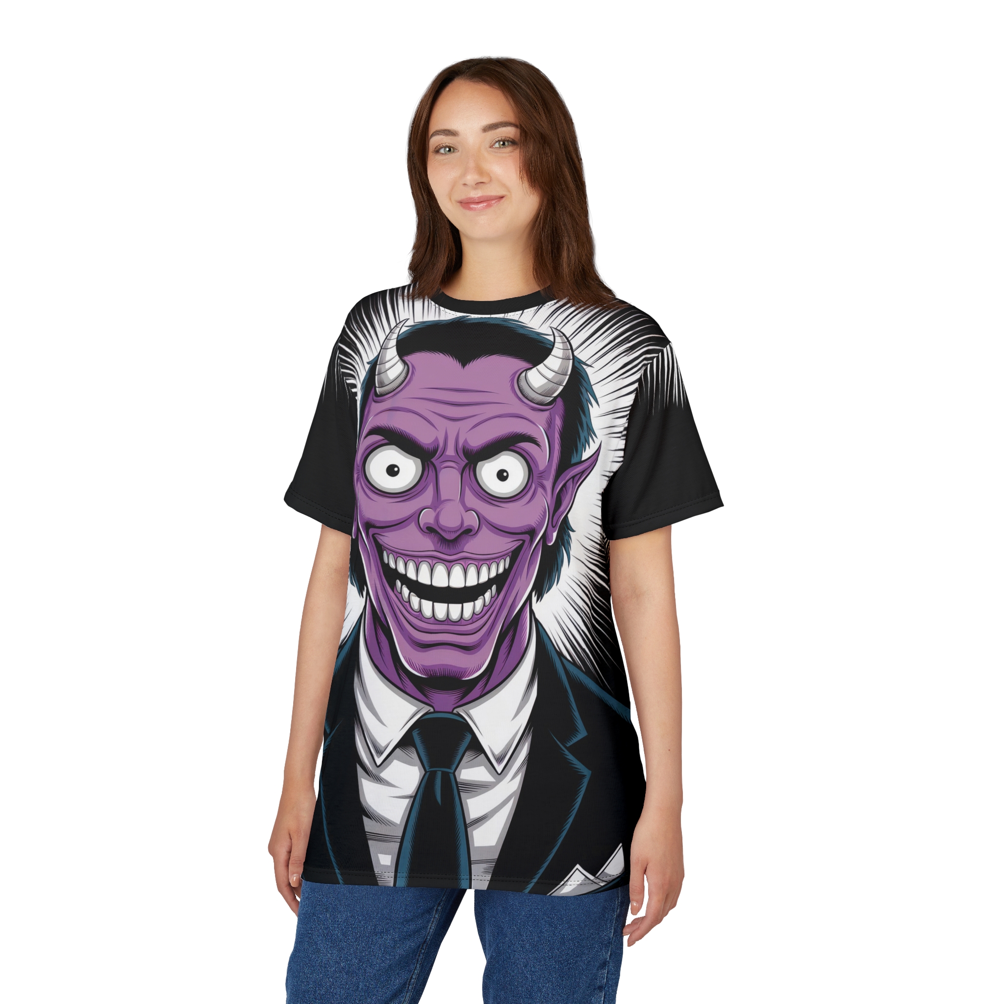 Black and white radial lines and a purple-faced demon in a suit cover this graphic streetwear tee, with a wide grin and devil horns.