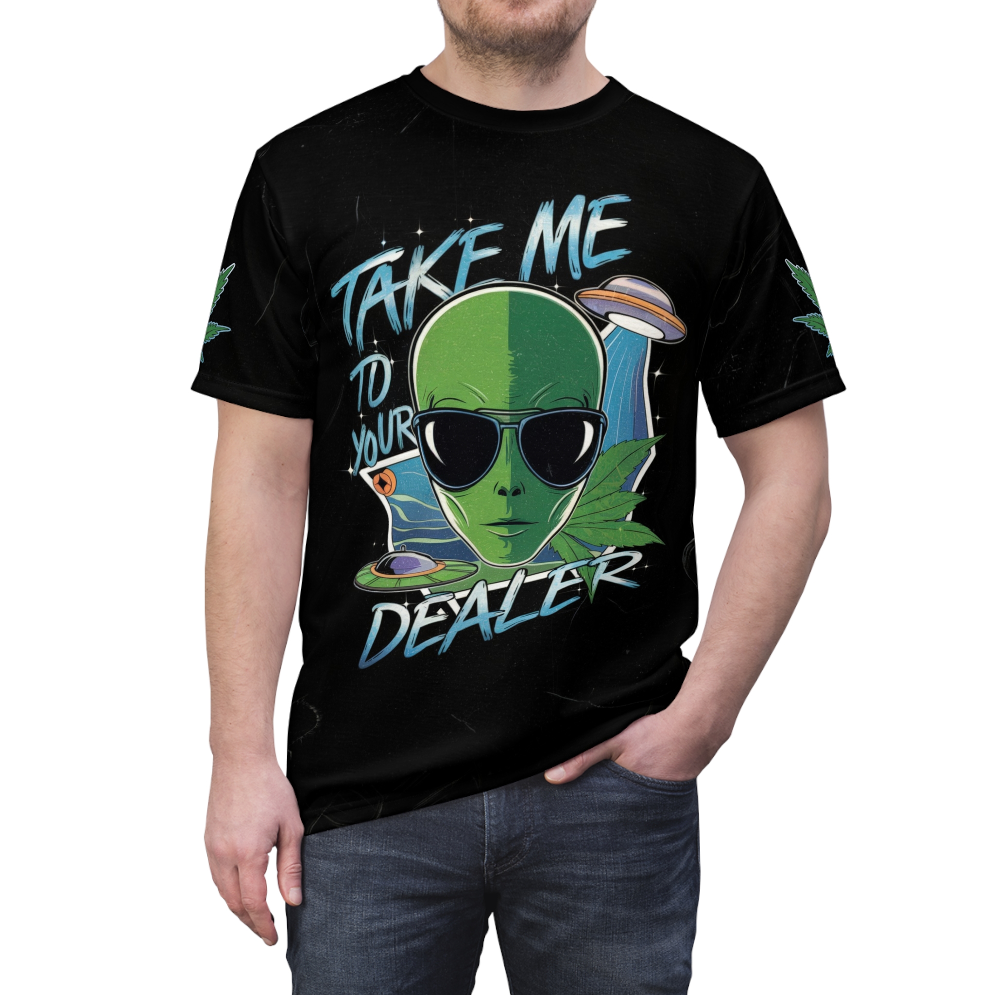 Alien Weed Dealer Unisex Tee - Retro Graphic All Over Print T-Shirt