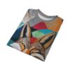 Geometric patterns in blue, green, red, and orange cover this graphic tee, featuring a wolf's face constructed from textured shapes and sharp lines.