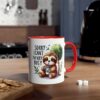 White ceramic coffee mug with a red interior and handle, featuring a cartoon sloth drinking from a cup with the text 