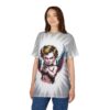 White and grey sunburst patterns cover this patterned tee shirt, featuring a cherub with wings and a gun.