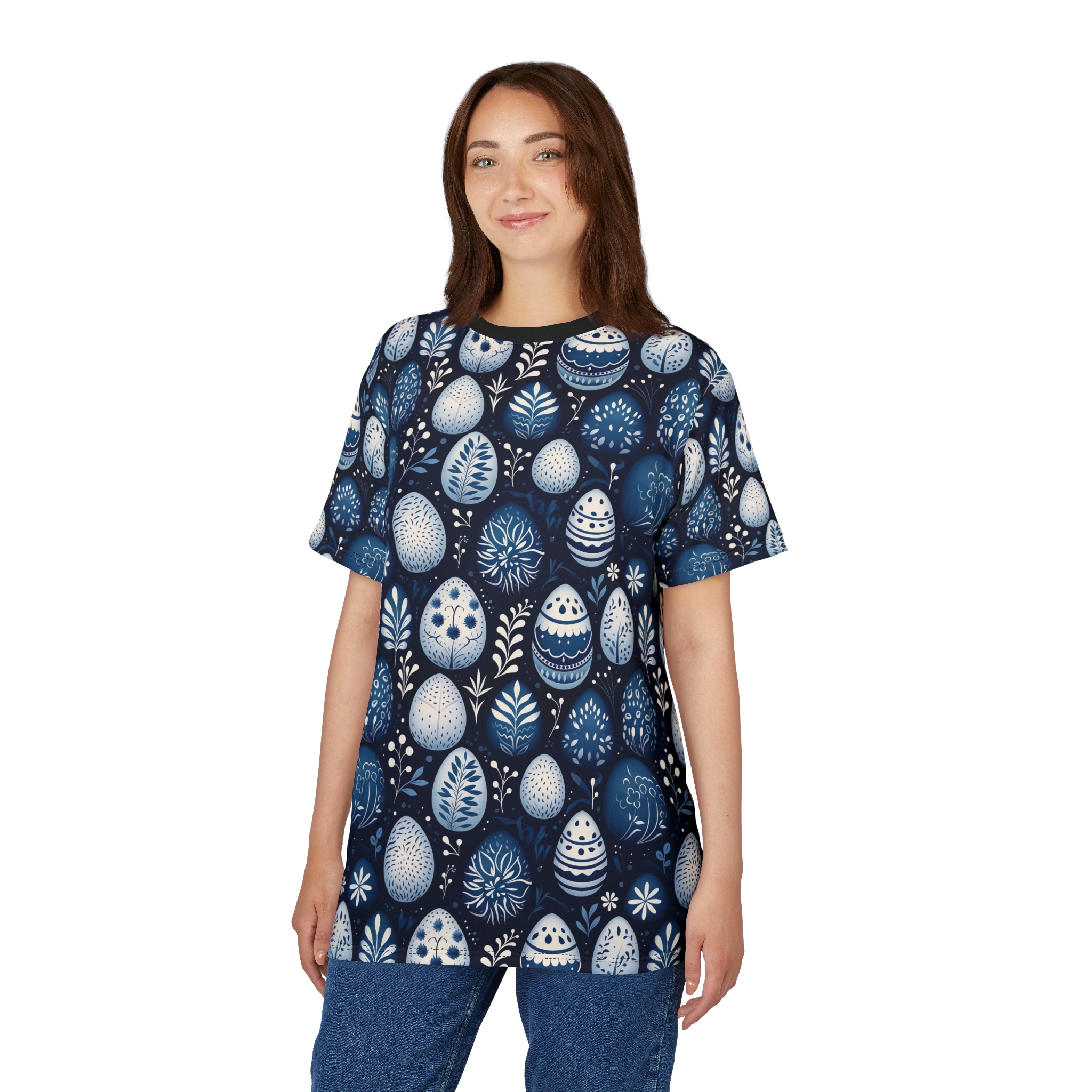 Vibrant Blue Floral Easter Egg AOP Tee, Unisex All Over Print T-Shirt, Easter T-Shirt V2 – eye-catching full print casual top