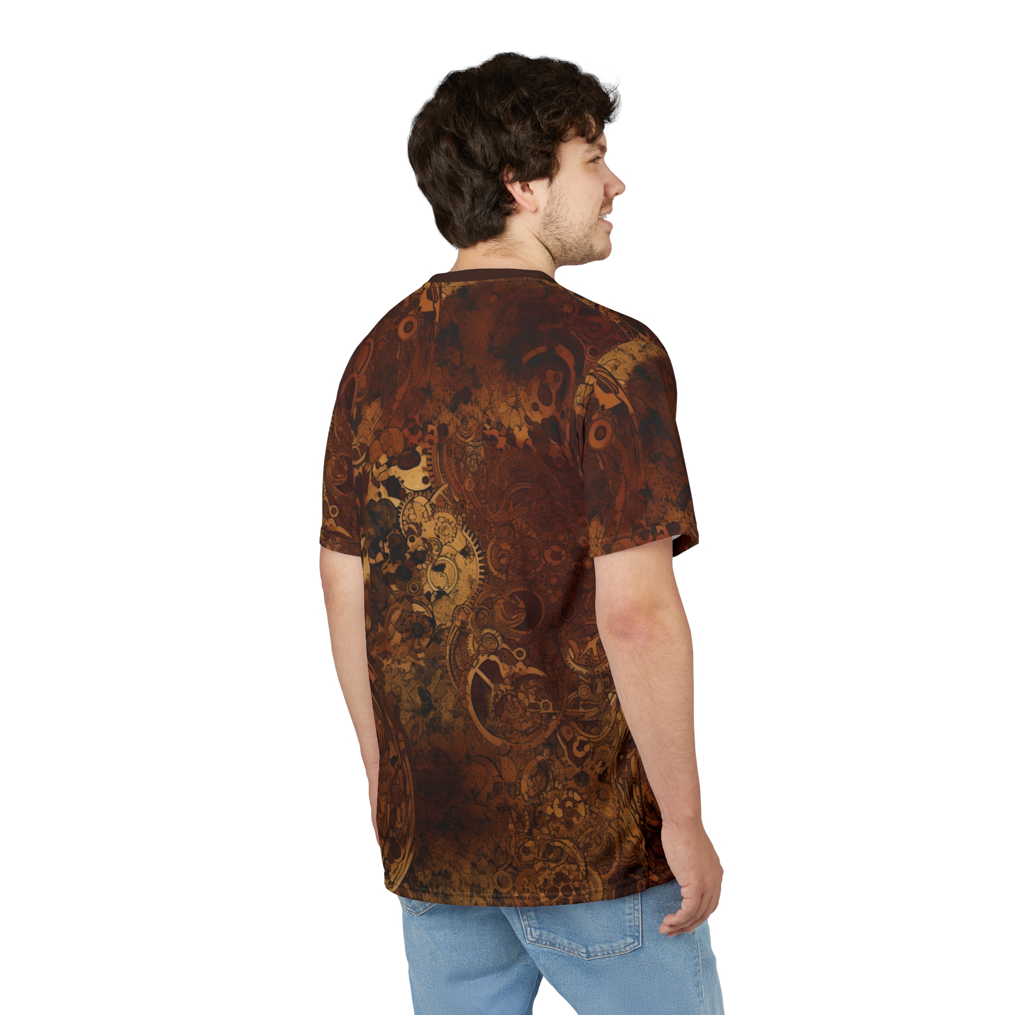 Rusty browns, golds, and blacks form intricate clockwork gears and mechanical components across this 3D graphic t-shirt.