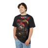 Black, red, and gold metallic gears and feathers cover this seamless pattern tee, depicting a steampunk eagle's head and chest.
