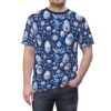 Blue and white floral patterns and Easter eggs cover this sublimation graphic tee, with blue leaves and flowers filling the gaps.