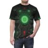 Metallic grey and black panels with glowing green and red accents, depicting a central circular energy core and intricate circuitry.