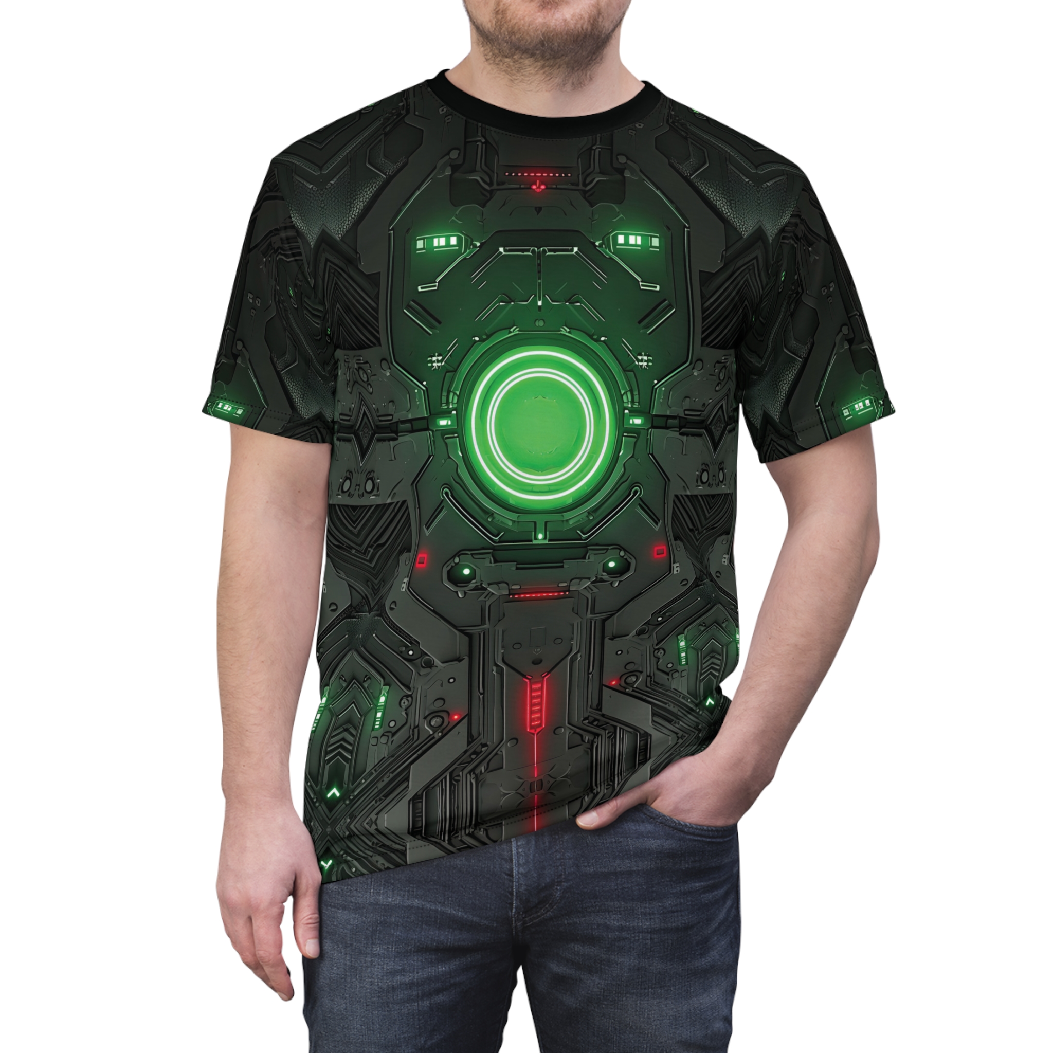 Metallic grey and black panels with glowing green and red accents, depicting a central circular energy core and intricate circuitry.
