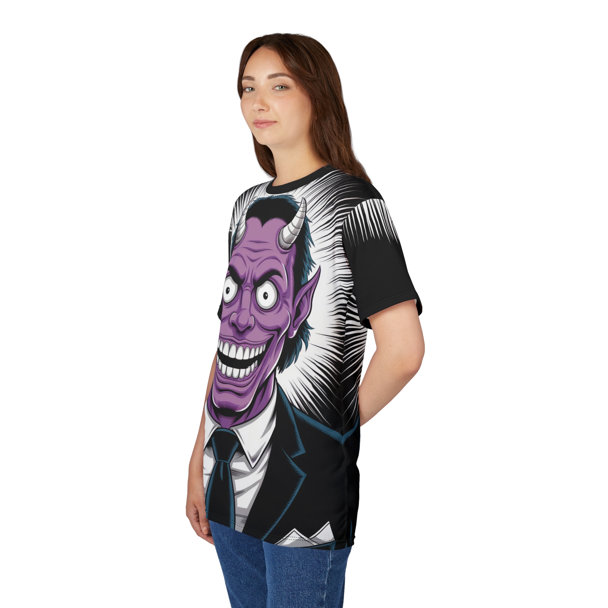 White and black radial lines surround a bold purple devil in a suit, covering this graphic streetwear tee.