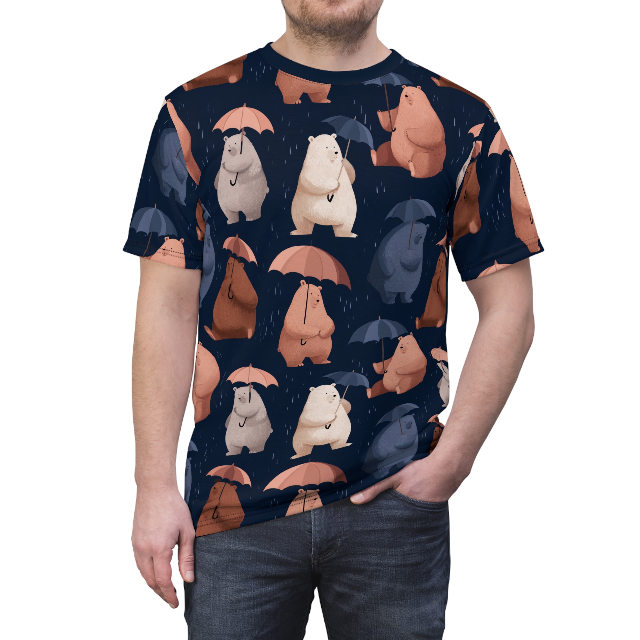 Brown, cream, and blue bears with umbrellas and rain accents cover this seamless pattern tee.