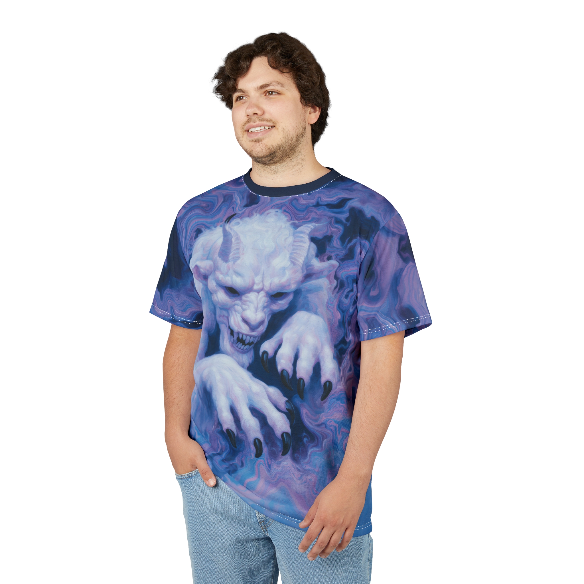 Swirling blues and purples cover this graphic streetwear tee, depicting a fierce, pale-blue creature with horns and sharp claws emerging from smoky mist.