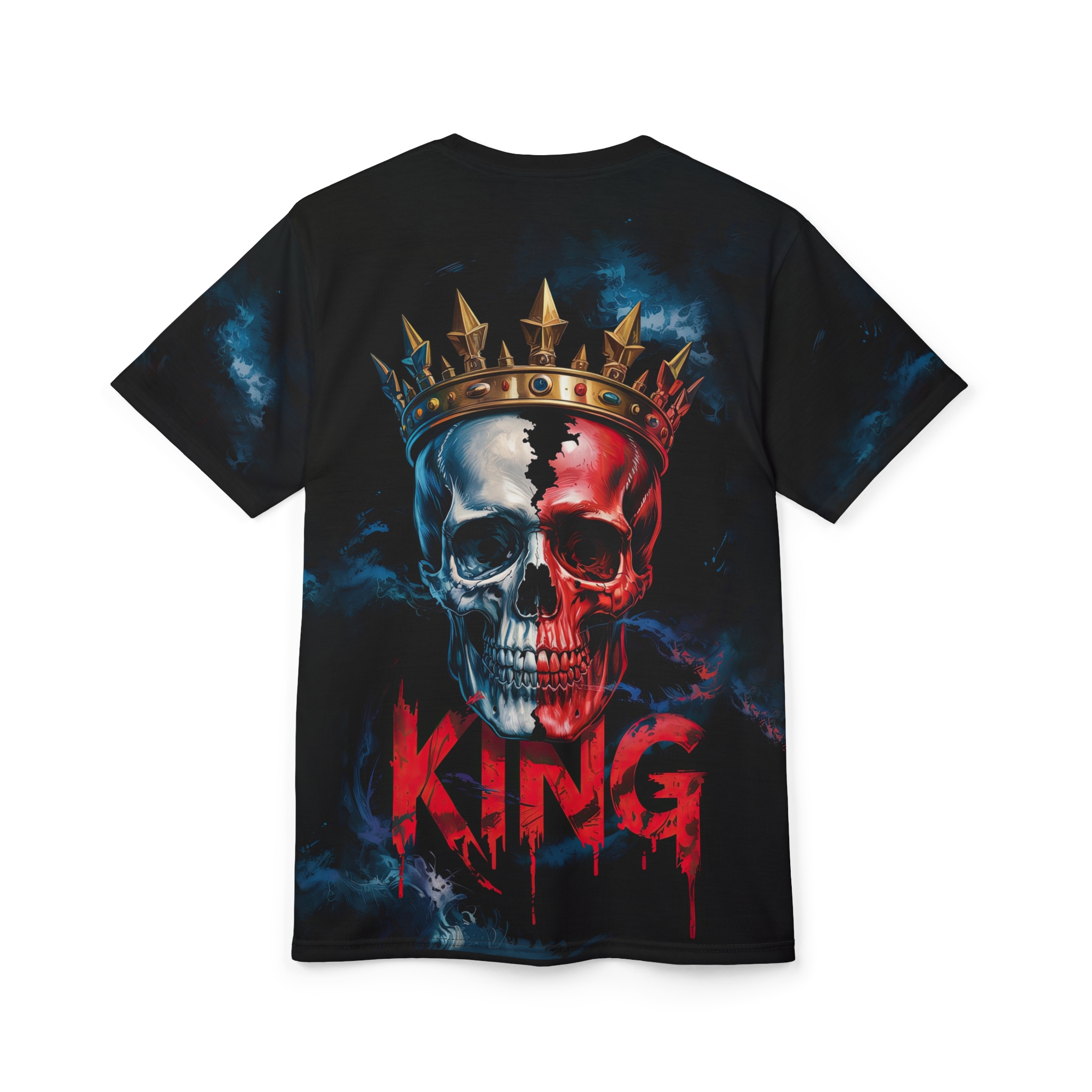 Black, blue, and red abstract splatters surround a split-color skull wearing a golden crown and the word "KING" in dripping red letters.