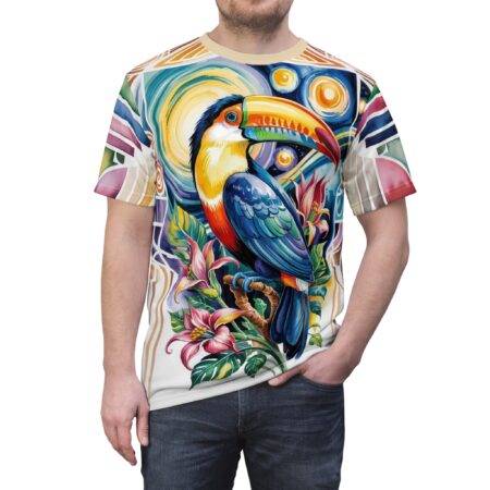 Comfortable Vibrant Tropical Bird Tee, Unisex AOP T-Shirt, Colorful Casual Wear, Summer Fashion Top, Nature Lover Gift, Unique Graphic Tee – breathable cotton all-over design