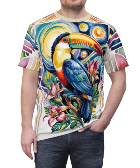 Vibrant Tropical Bird Tee, Unisex AOP T-Shirt, Colorful Casual Wear, Summer Fashion Top, Nature Lover Gift, Unique Graphic Tee