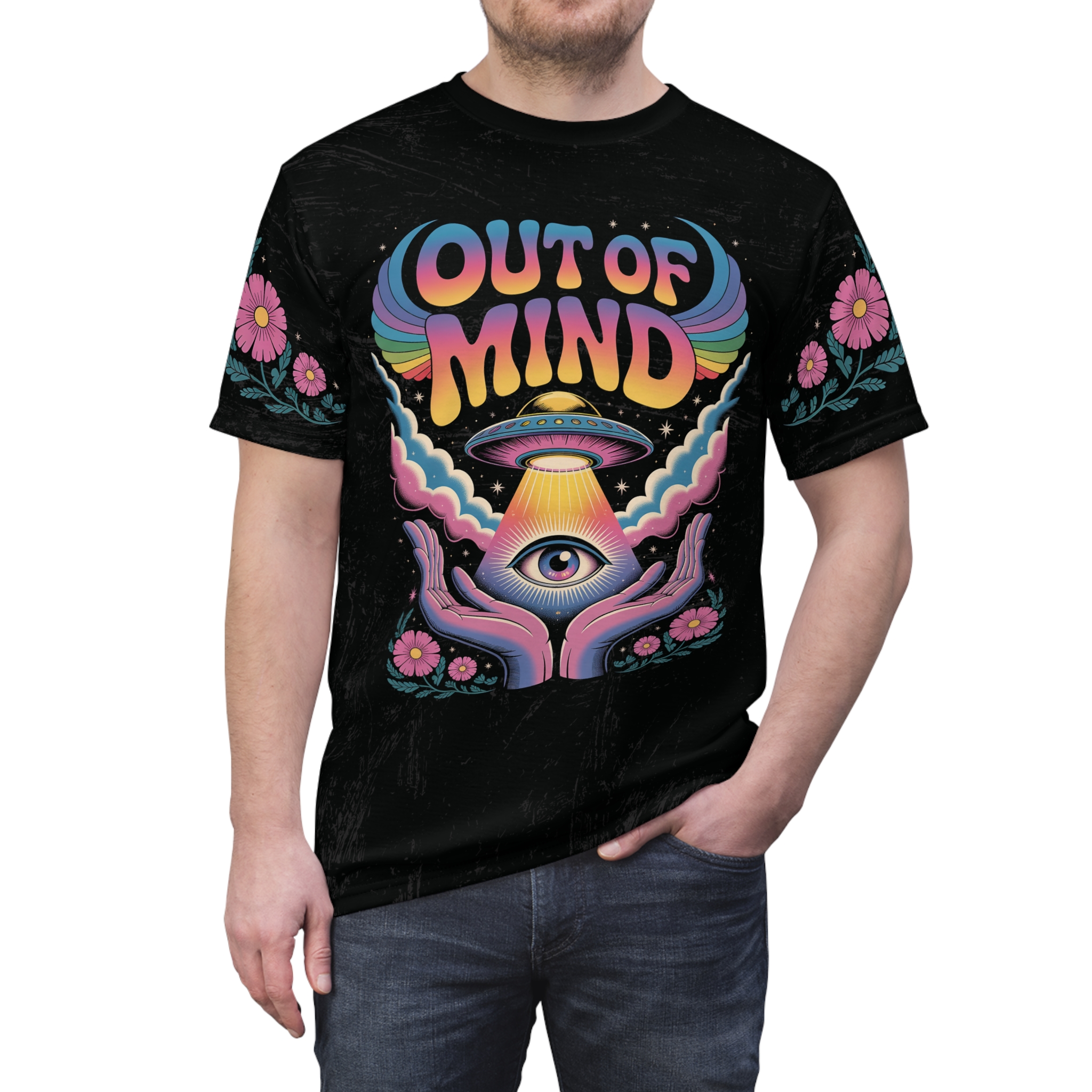 Psychadelic Graphic - Out of Mind T-Shirt - Colorful All Over Print T-Shirt Shirt - Retro Design