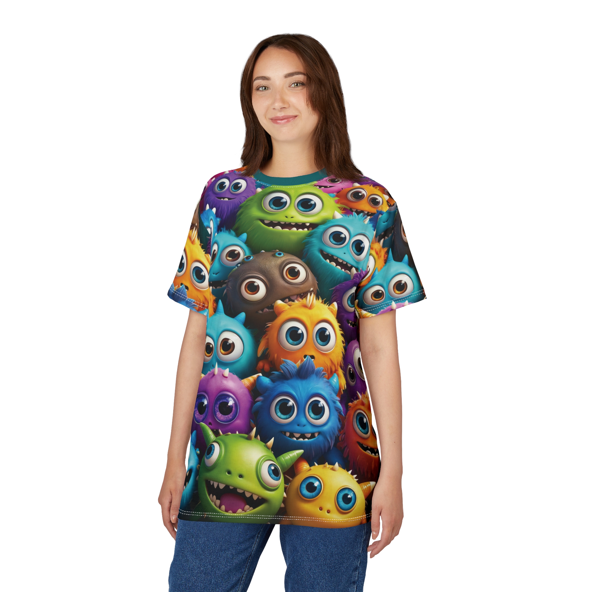 Premium Colorful Monster Print Unisex Tee for Fun Celebrations, Quirky Graphic Shirt, Novelty Gift for Kids & Adults, Playful Summer Wear – soft all-over print unisex tee