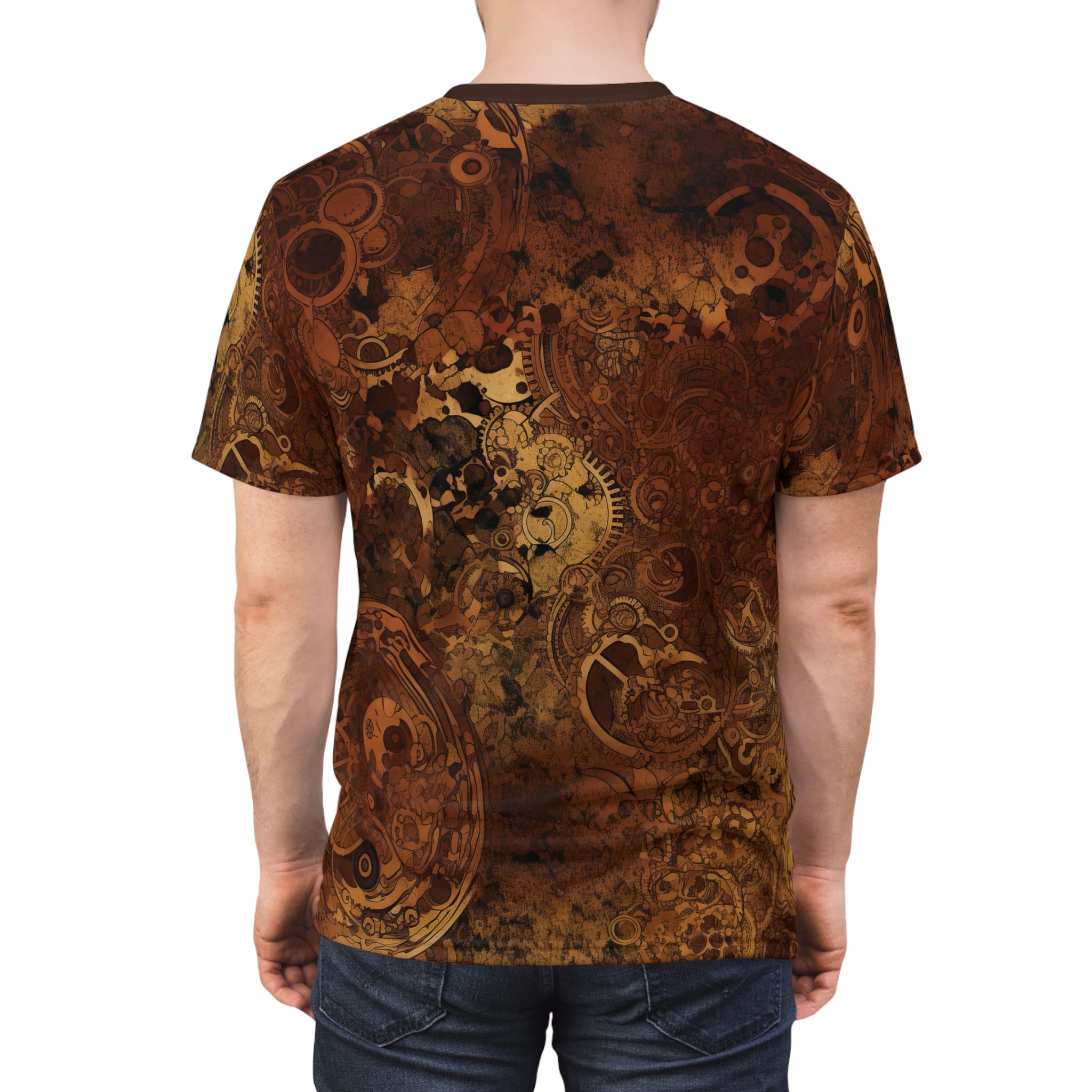 Browns and golds with intricate gears and clockwork designs cover this full print shirt, showcasing a detailed steampunk aesthetic.