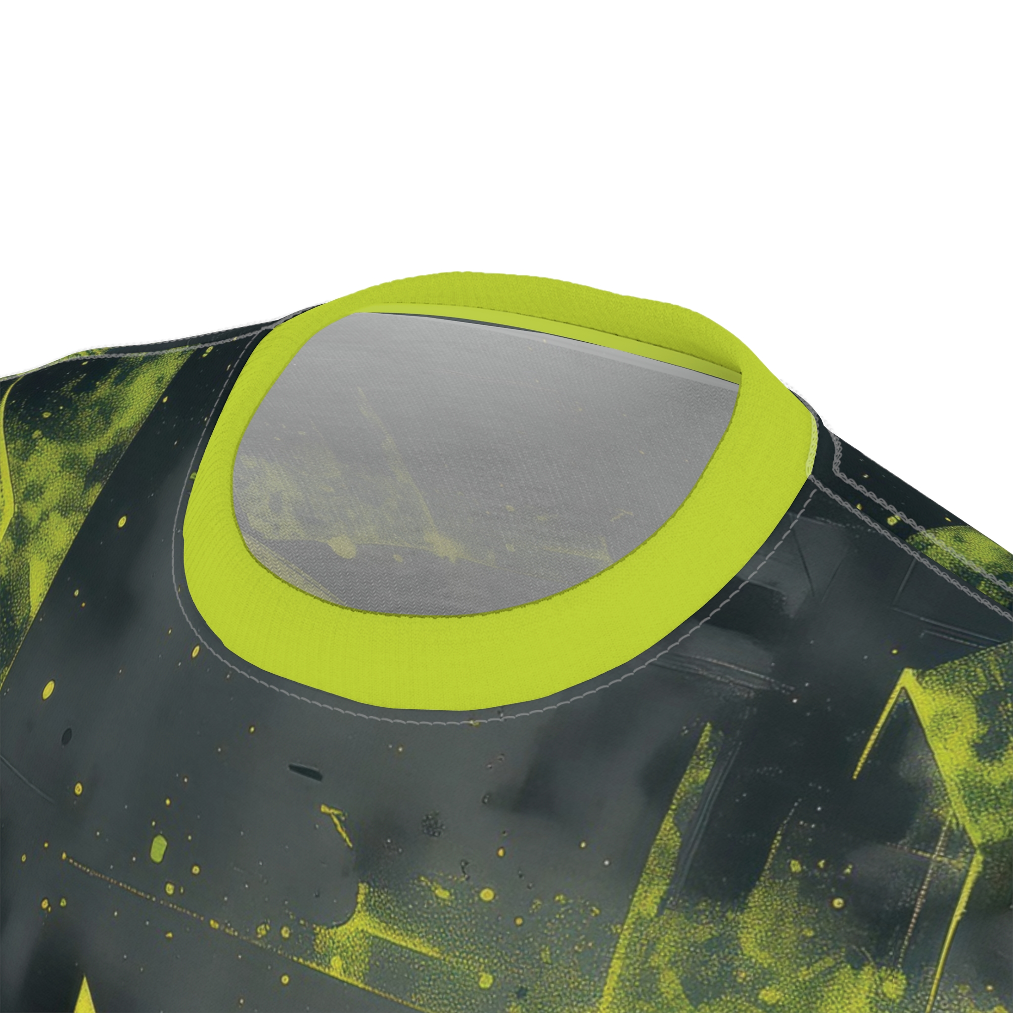 Bold lime green and black abstract geometric shapes and splatter patterns cover this full print t-shirt.