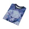 Swirling blues and purples cover this graphic streetwear tee, depicting a fierce, white, horned creature with sharp teeth and glowing eyes.