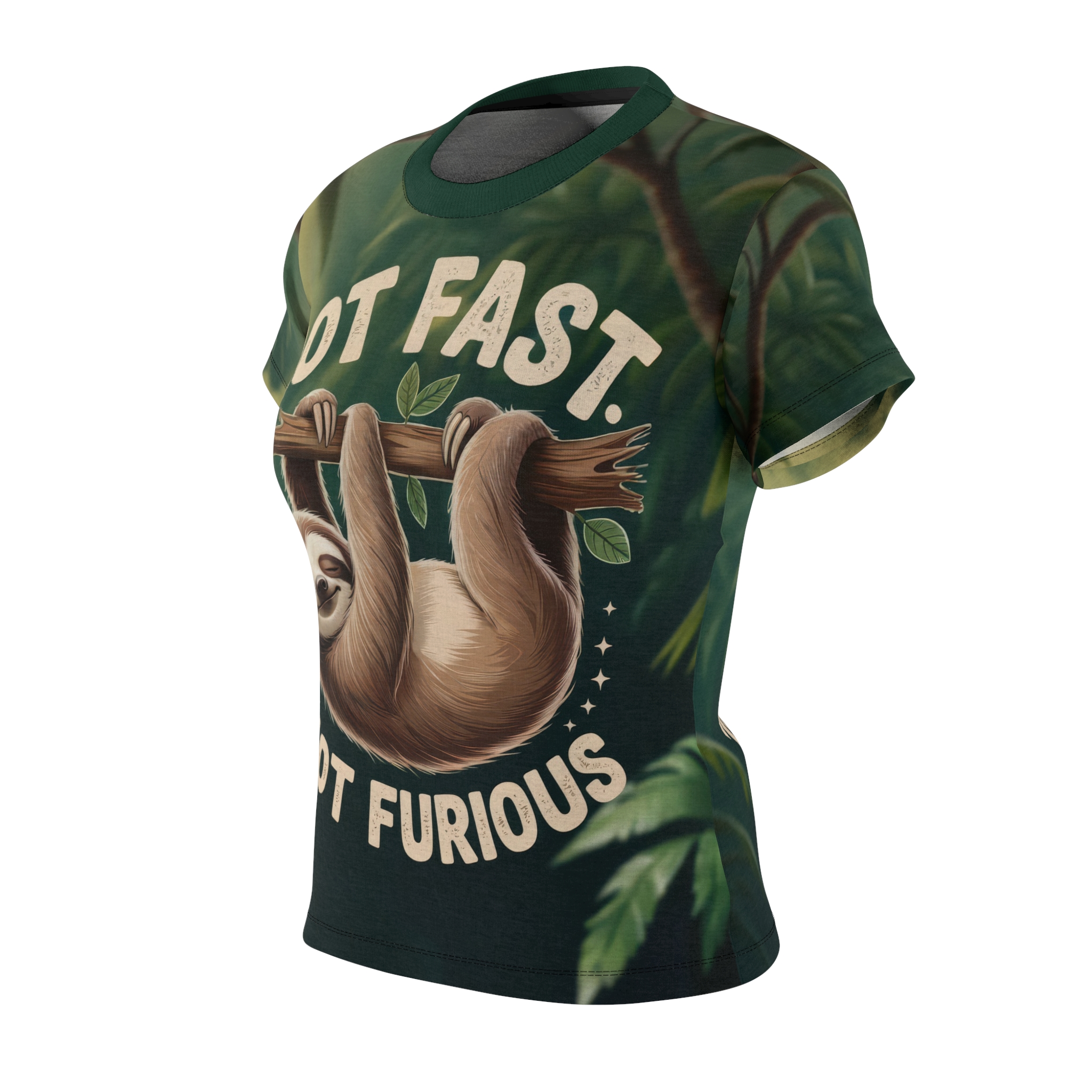 Womens All Over Print Sloth Tee: Not Fast, Not Furious, Funny Sloth Shirt