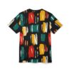 Red, yellow, teal, and cream brushstrokes on a black background cover this seamless pattern tee, creating a bold abstract art design.