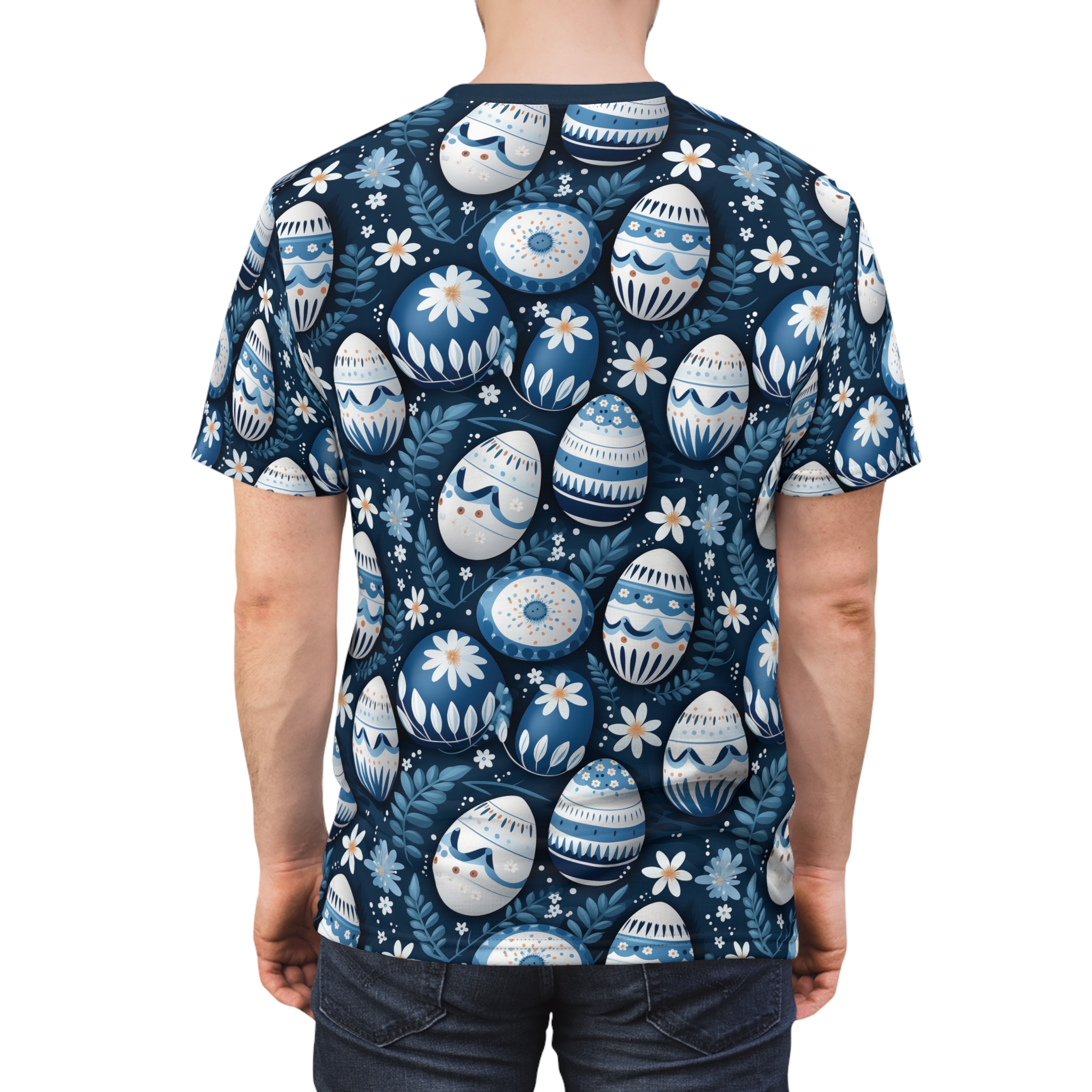 Blue floral patterns and intricately decorated Easter eggs cover this graphic streetwear tee, on a dark navy background.