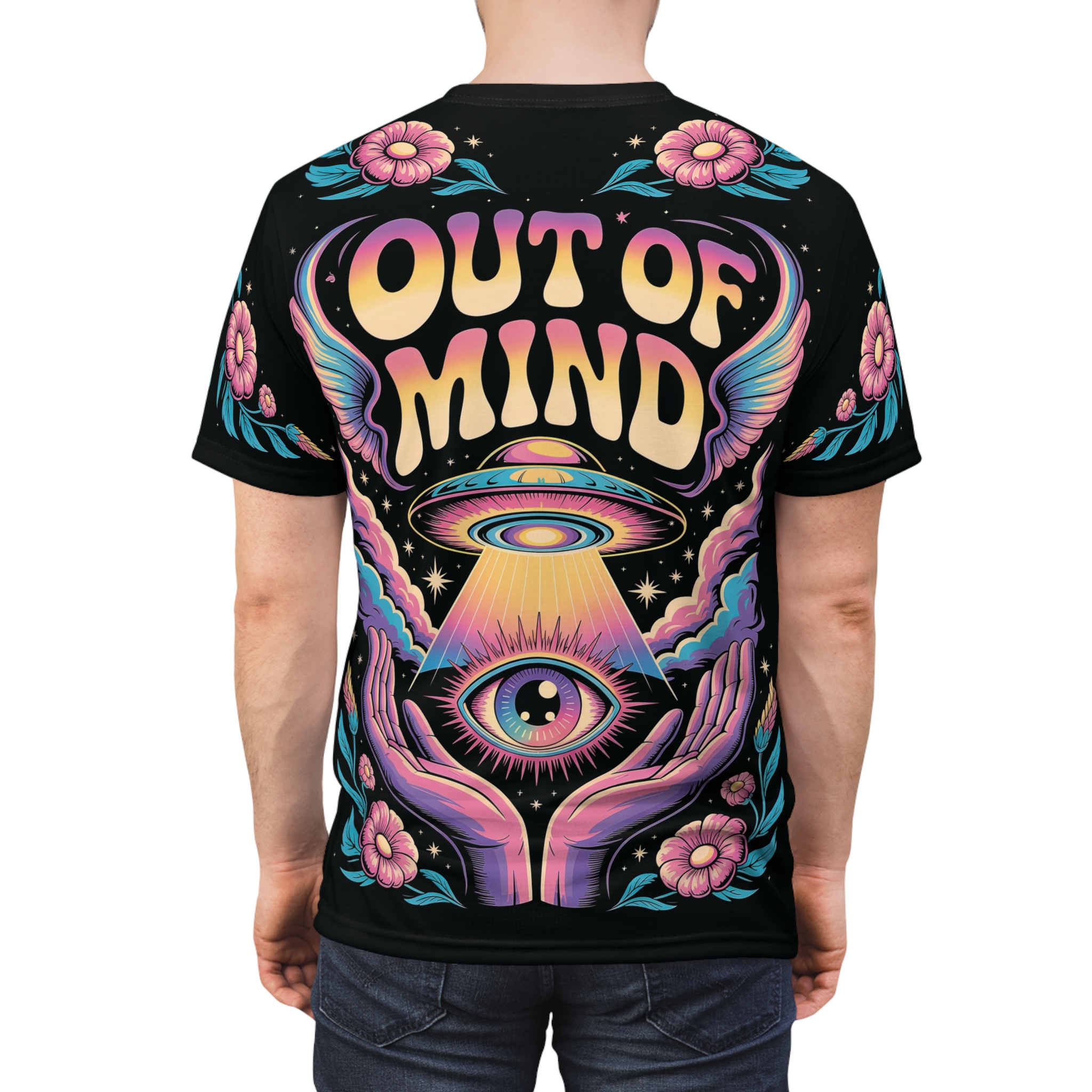 Pastel pink flowers, blue leaves, and starry skies cover this all over print apparel, with a UFO beaming light onto a cosmic eye held by hands.
