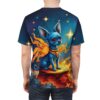 Deep blues and vibrant oranges cover this full print shirt, featuring a mystical blue chihuahua with fiery wings sitting on a cosmic platform under a starry sky.
