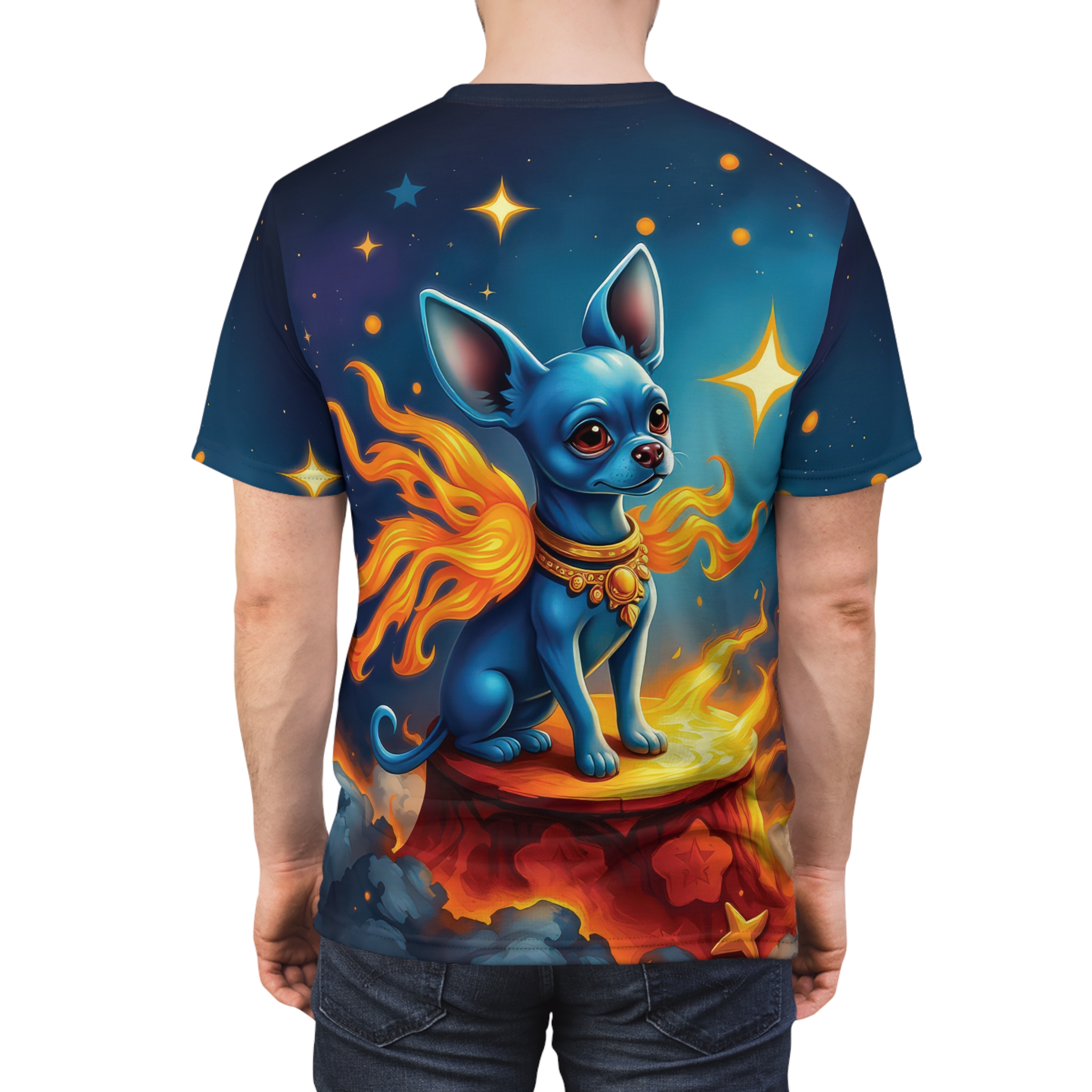 Deep blues and vibrant oranges cover this full print shirt, featuring a mystical blue chihuahua with fiery wings sitting on a cosmic platform under a starry sky.
