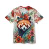 Vibrant red, orange, and green floral patterns cover this sublimation graphic tee, featuring a detailed red panda with a crown of flowers.