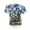 Deep blues and grays of stormy clouds, with streaks of rain, cover this seamless pattern tee, depicting a lush cluster of daisies and tulips blooming below.