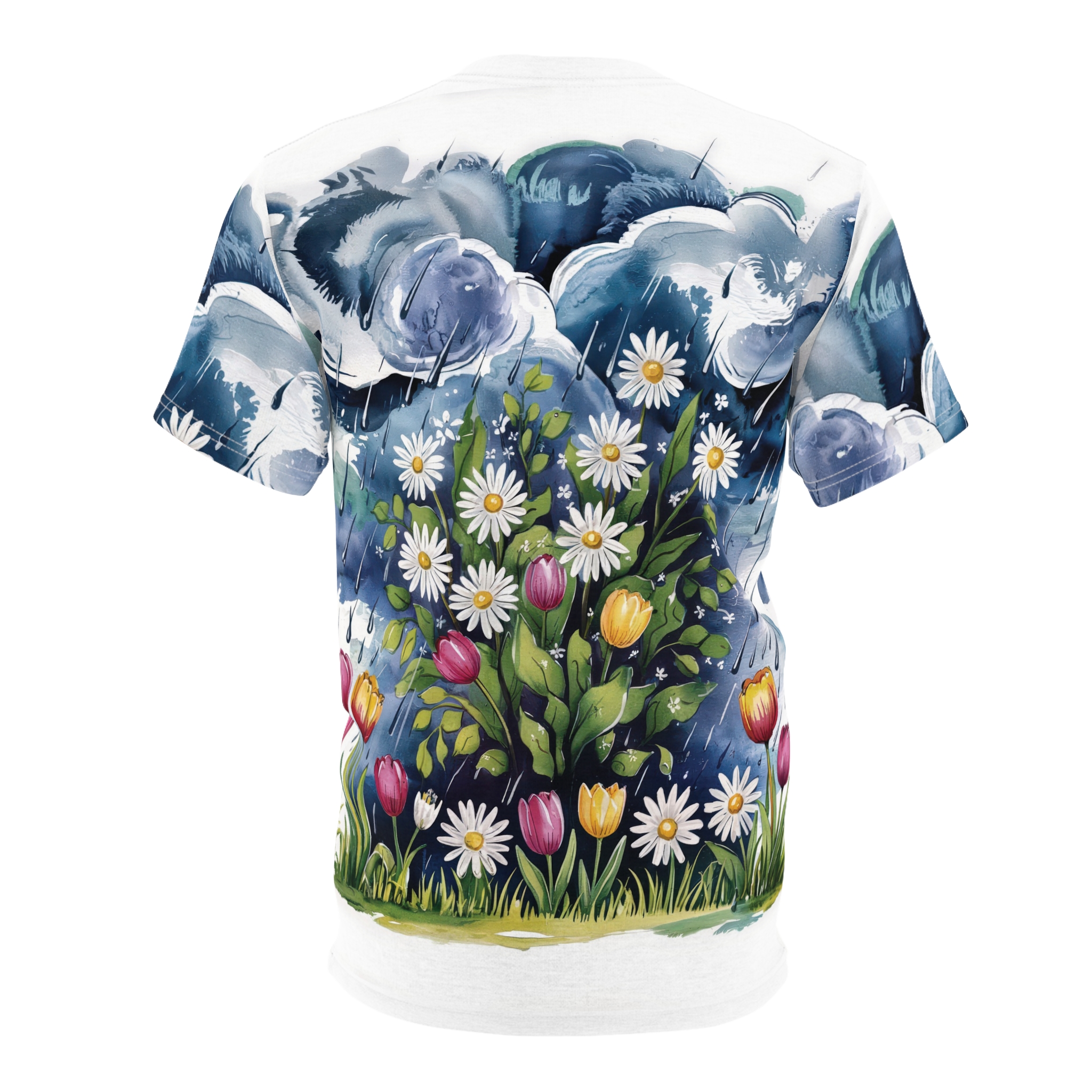 Deep blues and grays of stormy clouds, with streaks of rain, cover this seamless pattern tee, depicting a lush cluster of daisies and tulips blooming below.