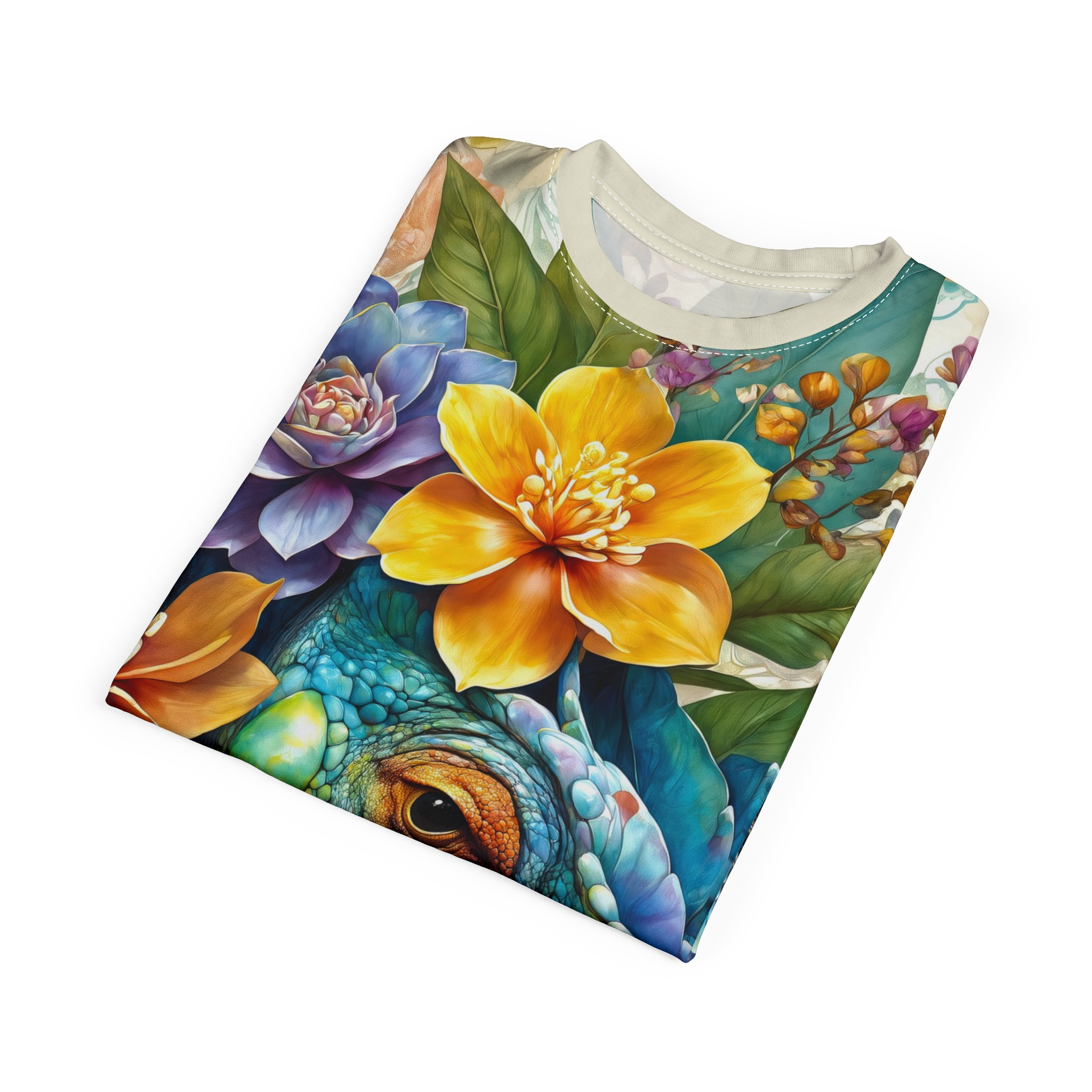 Vibrant blue and green lizard scales, yellow and purple flowers, and lush green leaves cover this sublimation graphic tee, showcasing a detailed natural scene.