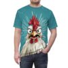 Teal with white speckles and light blue sunbursts surround a close-up of an angry cartoon chicken's face.