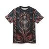 Dark foliage, pink flowers, and intricate branches cover this all over print apparel, depicting a skeletal figure surrounded by mystical eyes and organic forms.