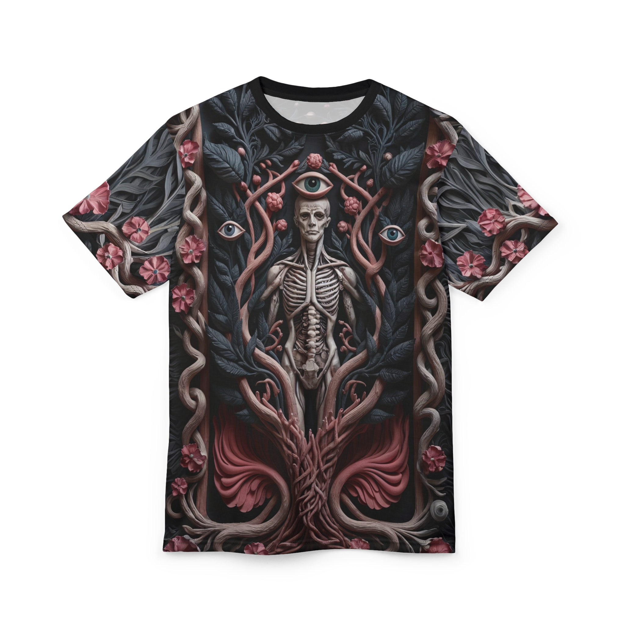 Dark foliage, pink flowers, and intricate branches cover this all over print apparel, depicting a skeletal figure surrounded by mystical eyes and organic forms.