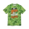 Varying shades of green shamrocks cover this 3D graphic t-shirt with a central text design.
