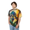 Vibrant blues, purples, and yellows form a watercolor-like iris bloom with textured yellow and orange abstract shapes on this all over print tee.