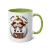 White ceramic mug with a green handle and interior, featuring a cute sloth in a pumpkin with 