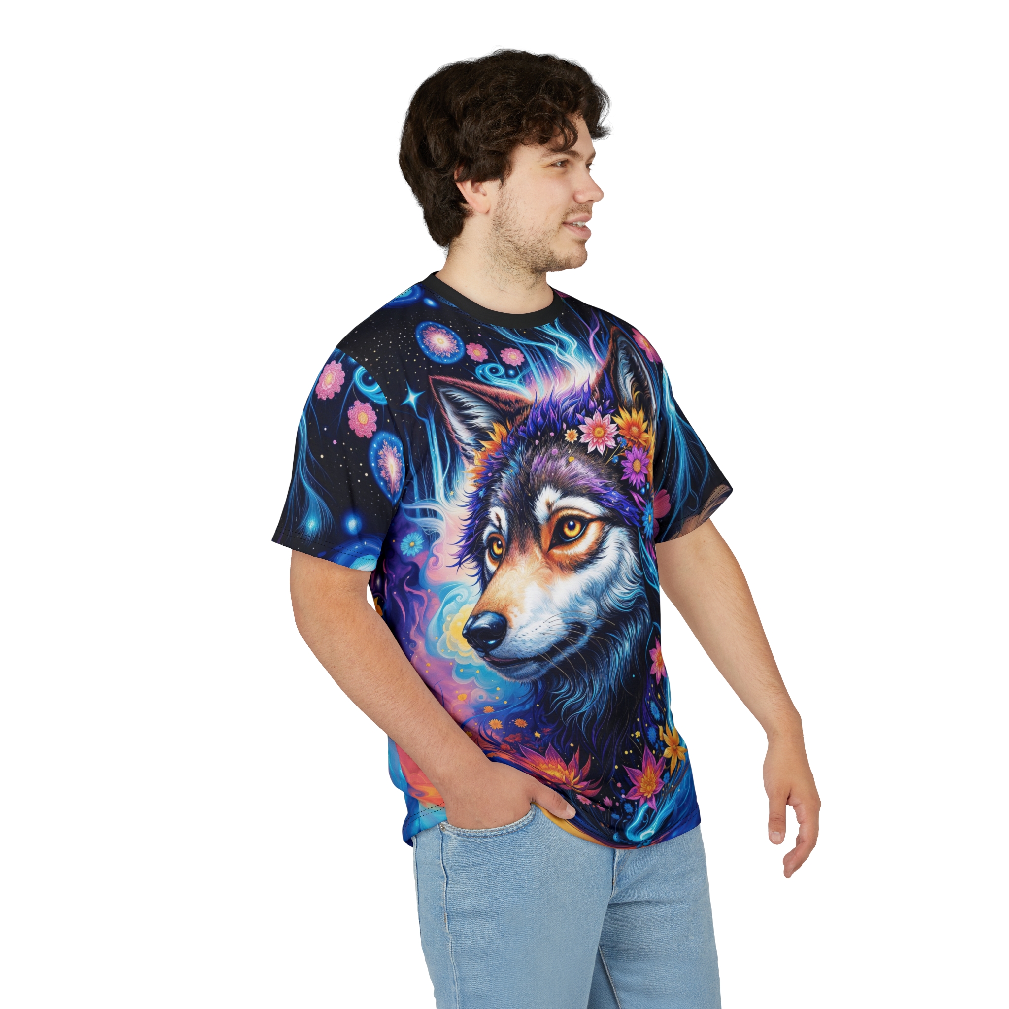 Vibrant blues, purples, and pinks paint this all over print apparel, depicting a majestic wolf with floral adornments against a cosmic backdrop.