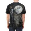 Dark grays and blacks depict a wolf howling at a large, textured moon, set against a forest of bare trees and scattered stars.